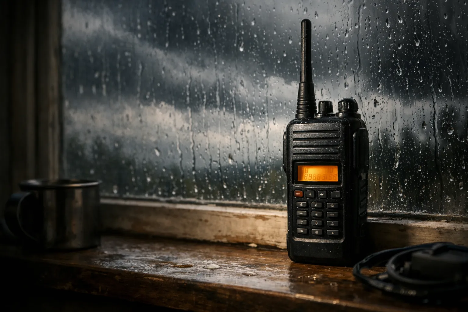A handheld radio on a kitchen windowsill during a thunderstorm