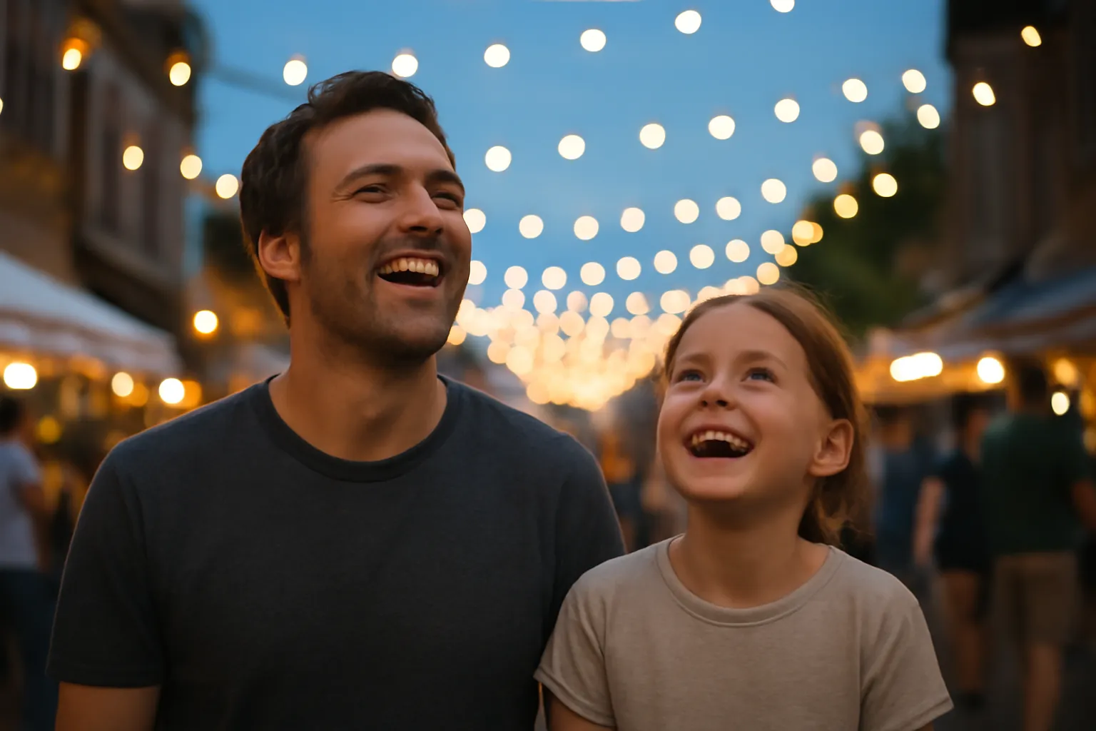 A father and daughter laughing as they look up at string lights over a crowded festival street at dusk