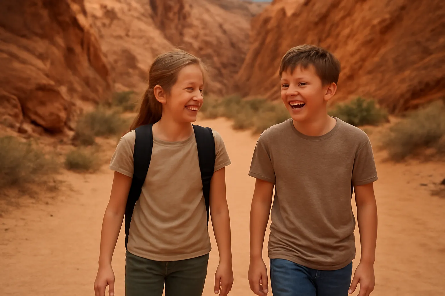 A girl with a backpack and her brother laughing as they walk a sandy trail through a red rock canyon