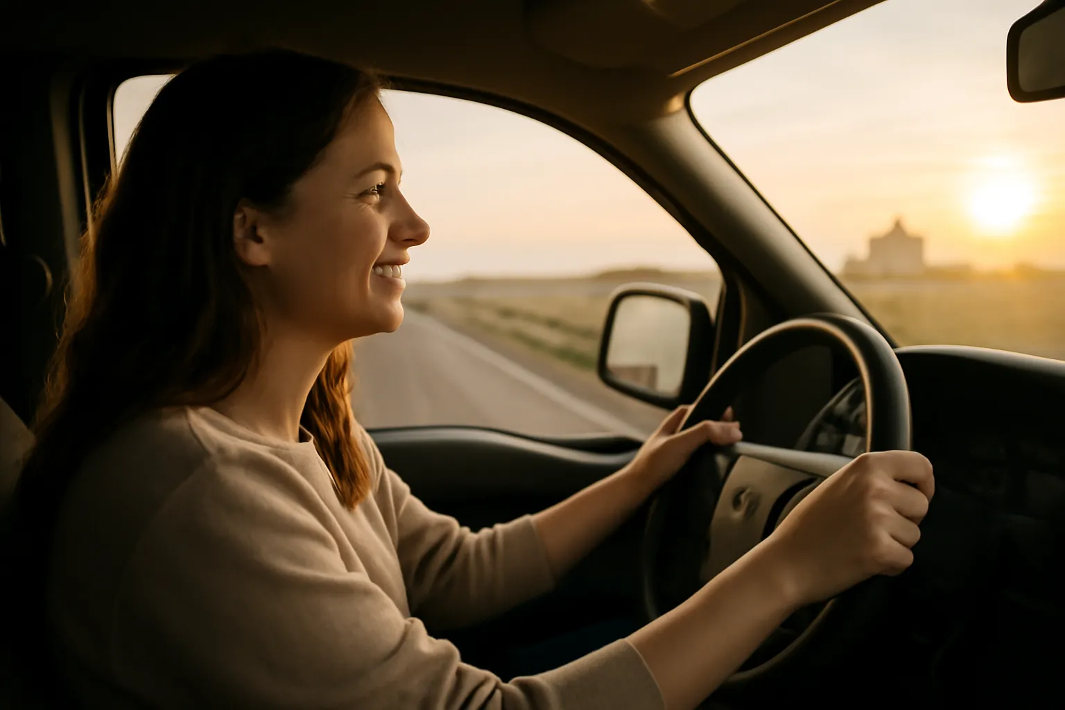 A young woman driving a pickup on an empty farm highway at sunrise, smiling