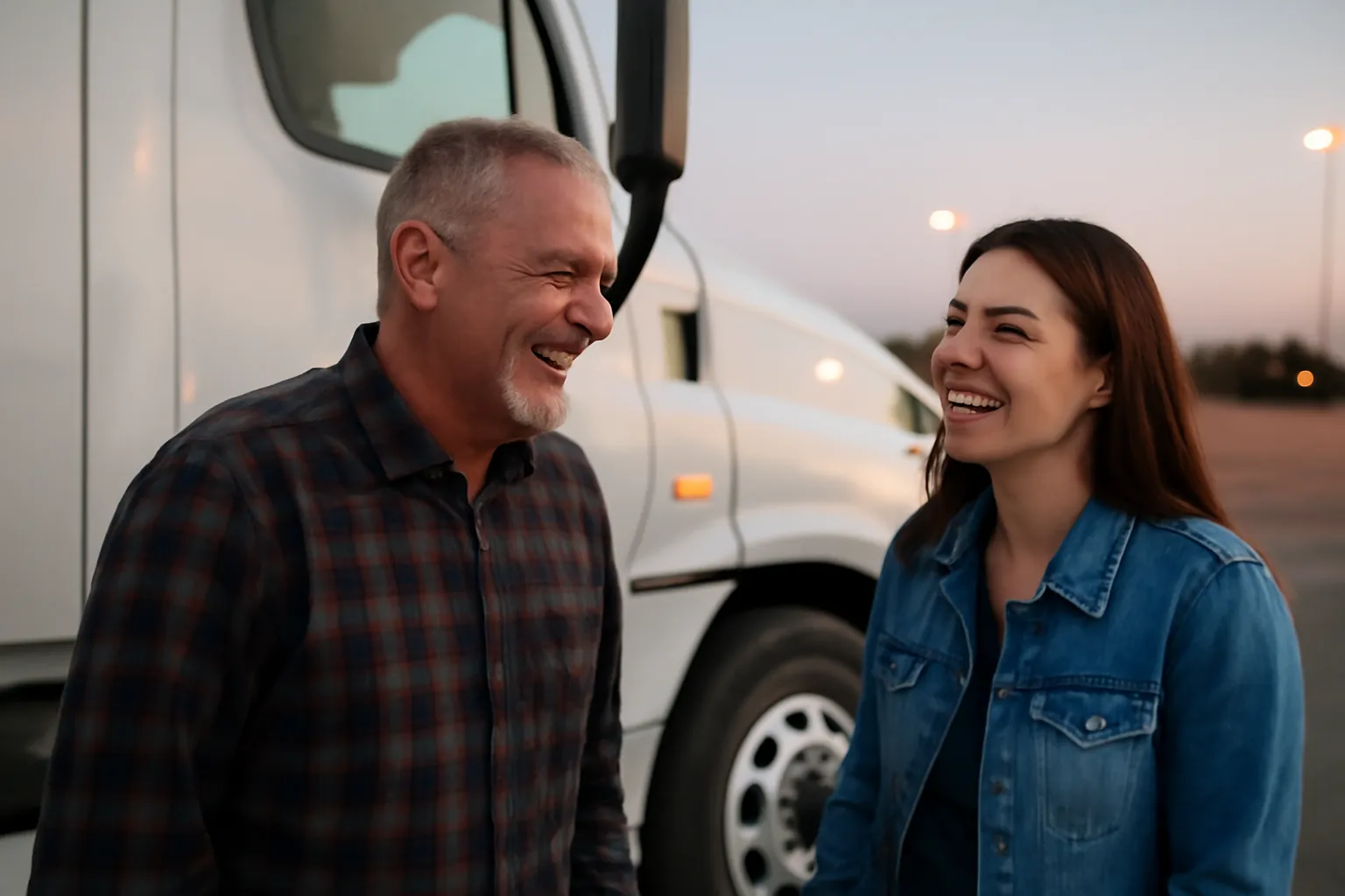 A gray-haired truck driver laughing with a younger woman driver beside a white semi cab at a truck stop at dusk