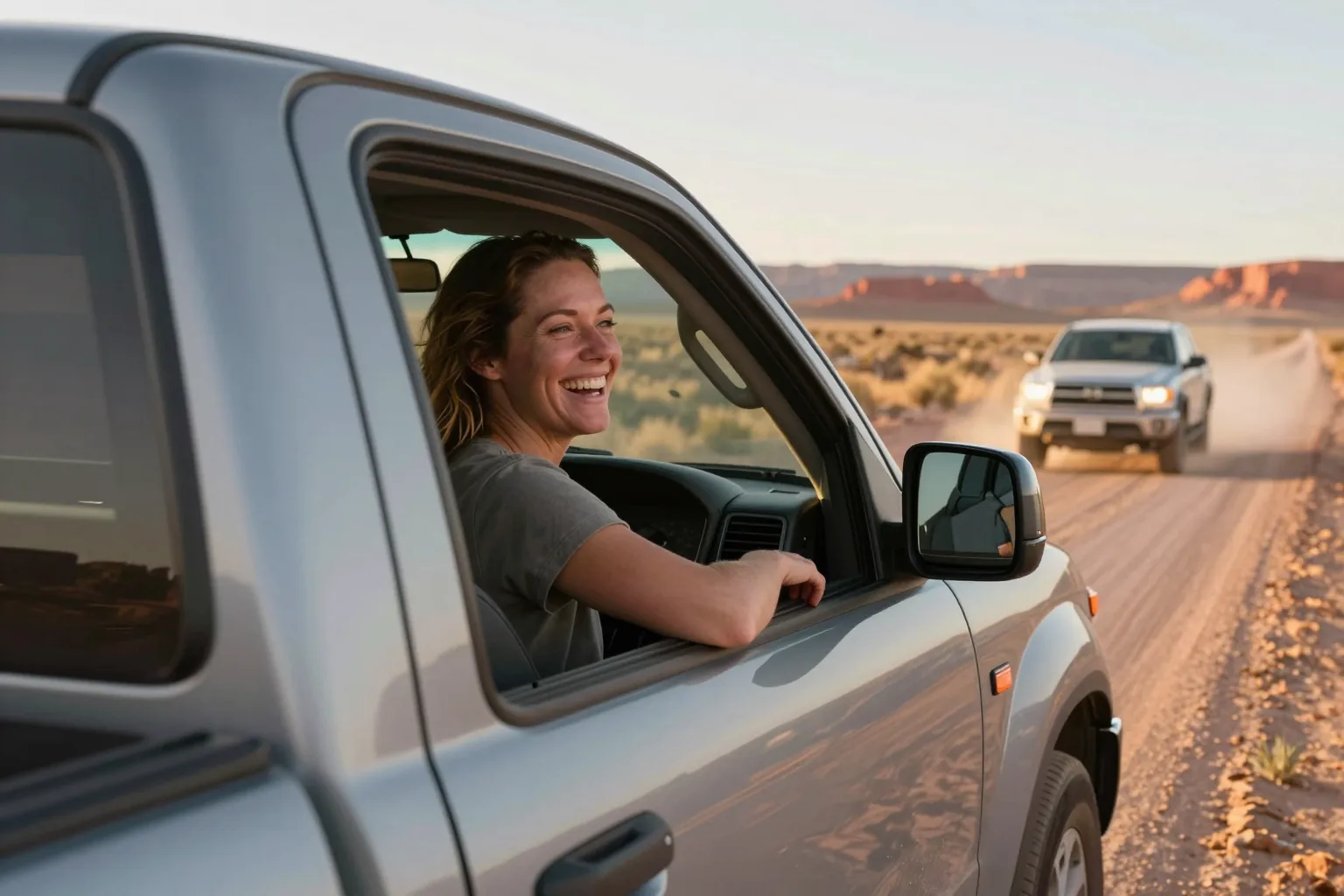 A woman laughing as she leans on the open window of a pickup on a desert dirt road, a second pickup coming up behind in a trail of dust
