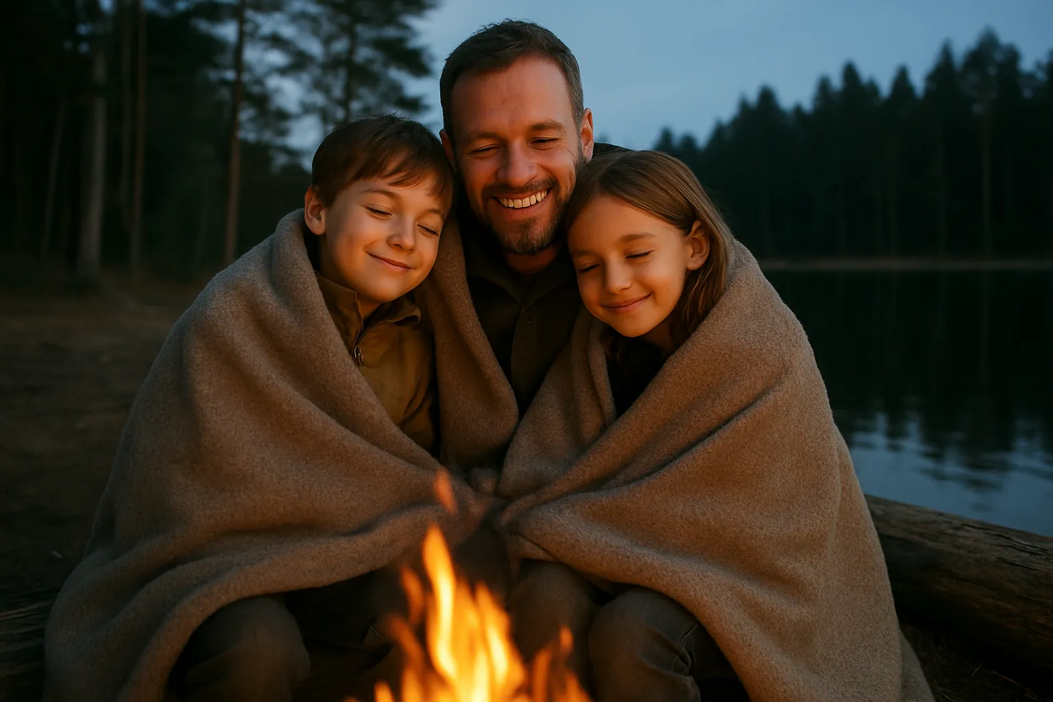 A father, son and daughter wrapped together in one wool blanket beside a campfire at a lake at dusk, all three smiling