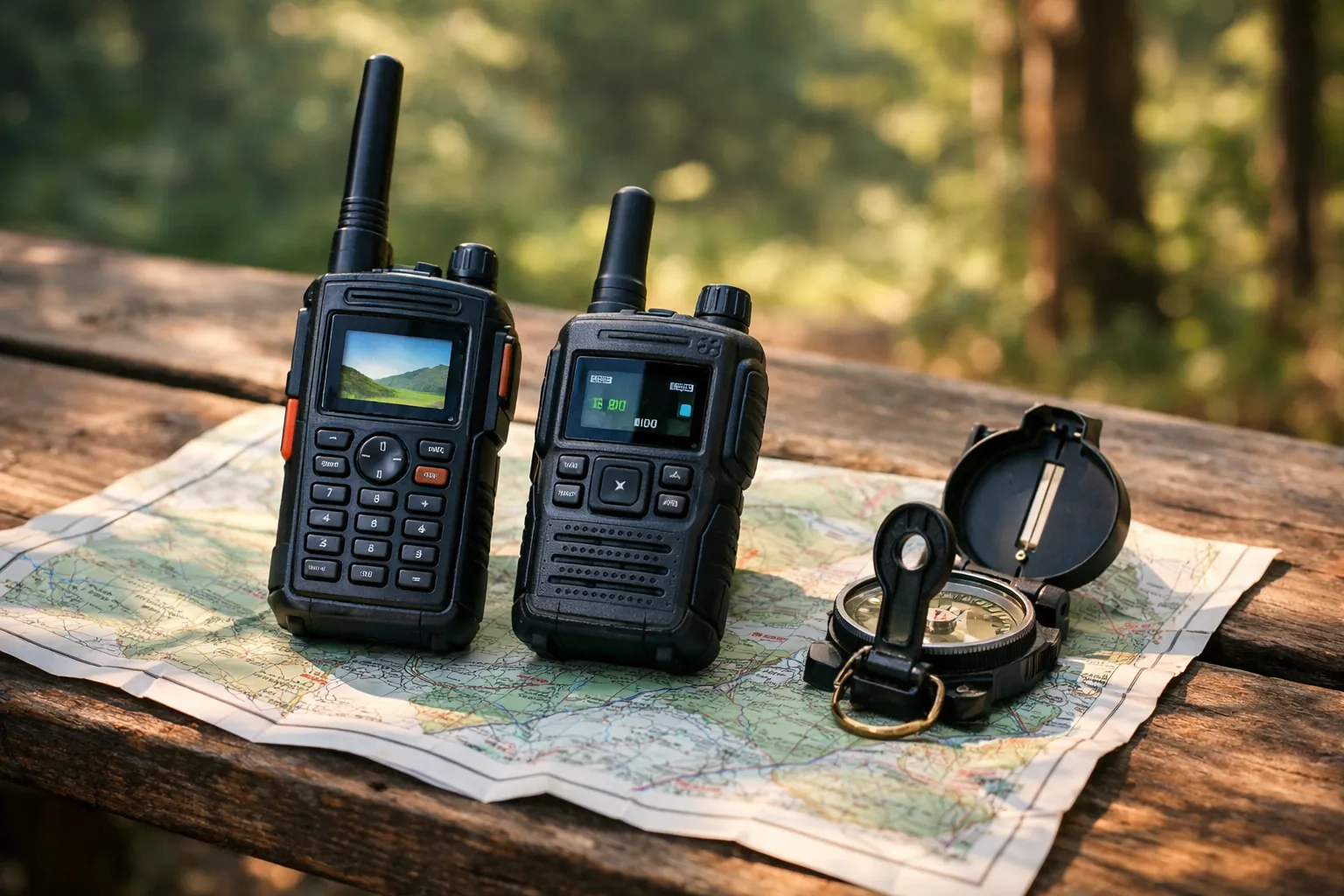 Two handheld radios with color screens resting on a map and compass at a trailhead