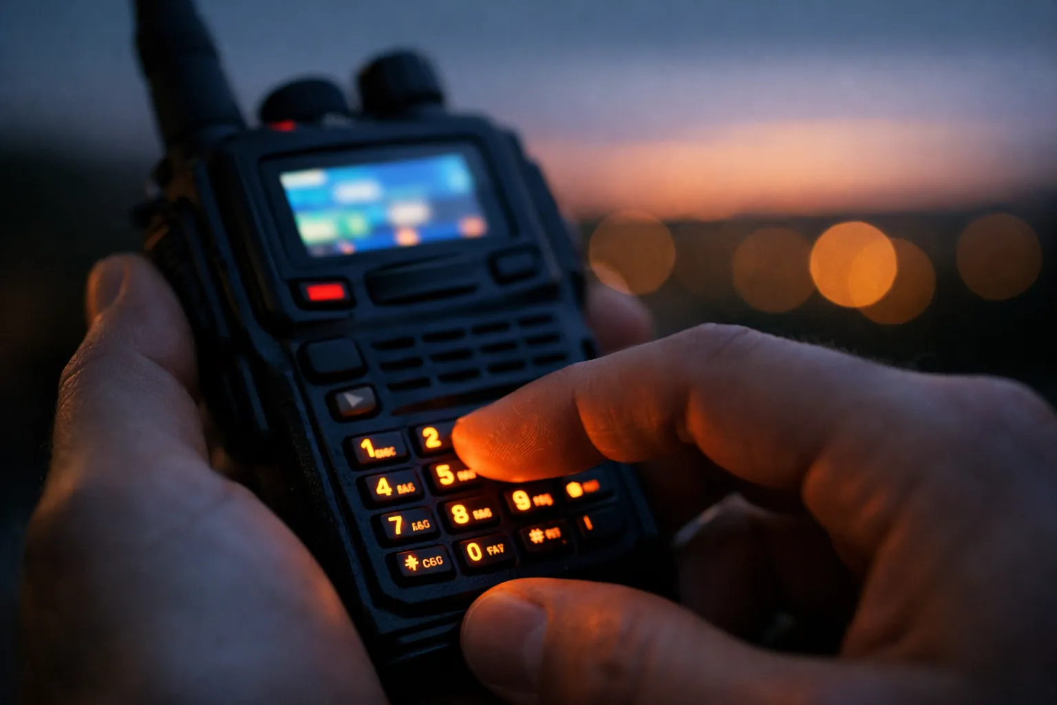 A hand entering numbers on a radio keypad at dusk