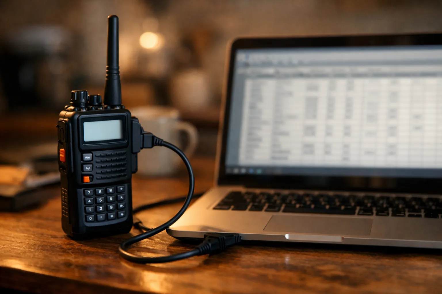 A handheld radio connected to a laptop by a programming cable