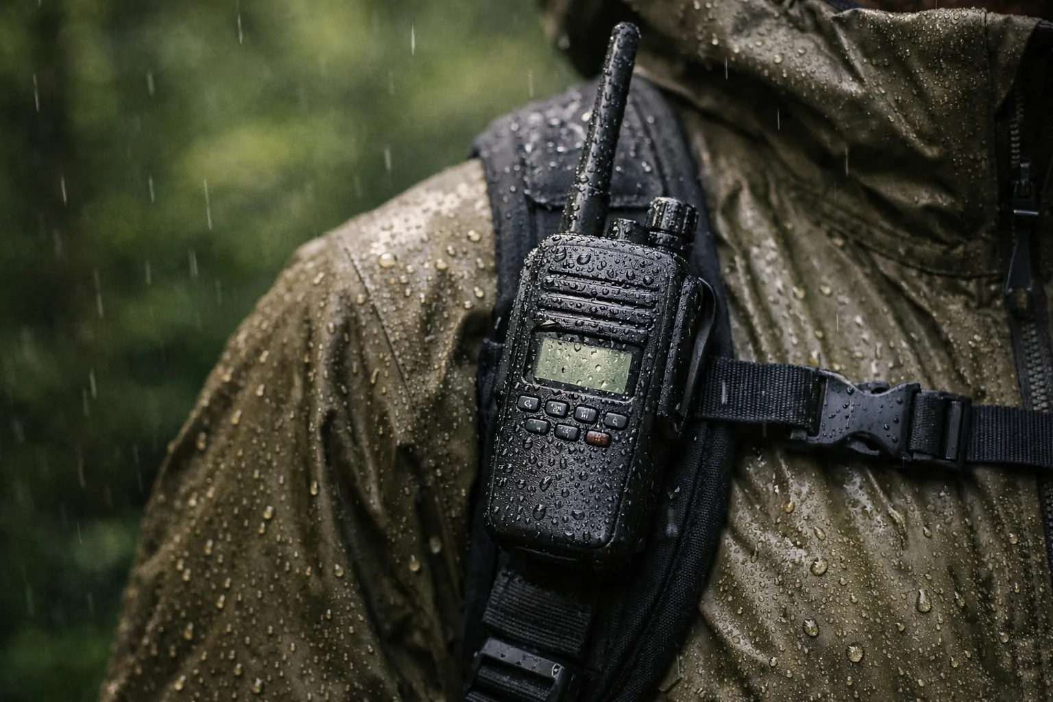 A handheld radio clipped to a backpack strap in light rain
