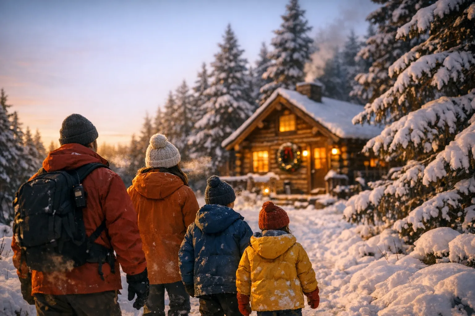 A family of four in winter coats walking a snowy trail at sunset toward a log cabin with a wreath, a small radio clipped to the father's backpack strap