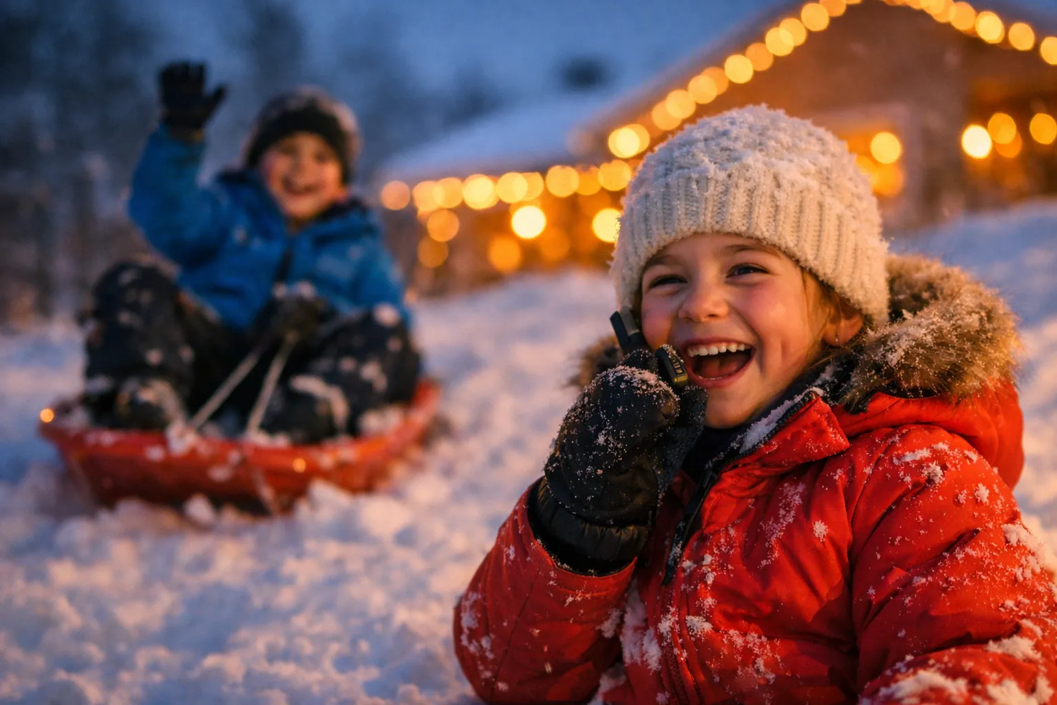 A girl in a red snow jacket laughing into a small walkie-talkie while a boy waves from his sled behind her, holiday lights on a house