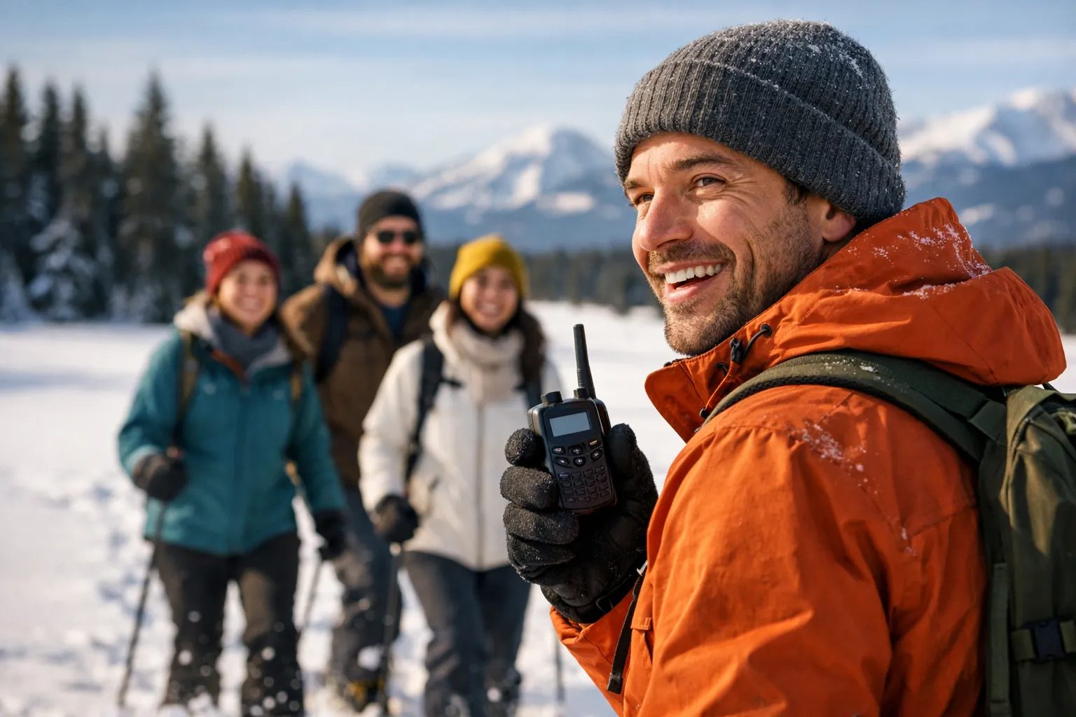 A smiling man in an orange jacket holding a handheld radio on a snowy meadow, three friends with trekking poles and mountains behind him