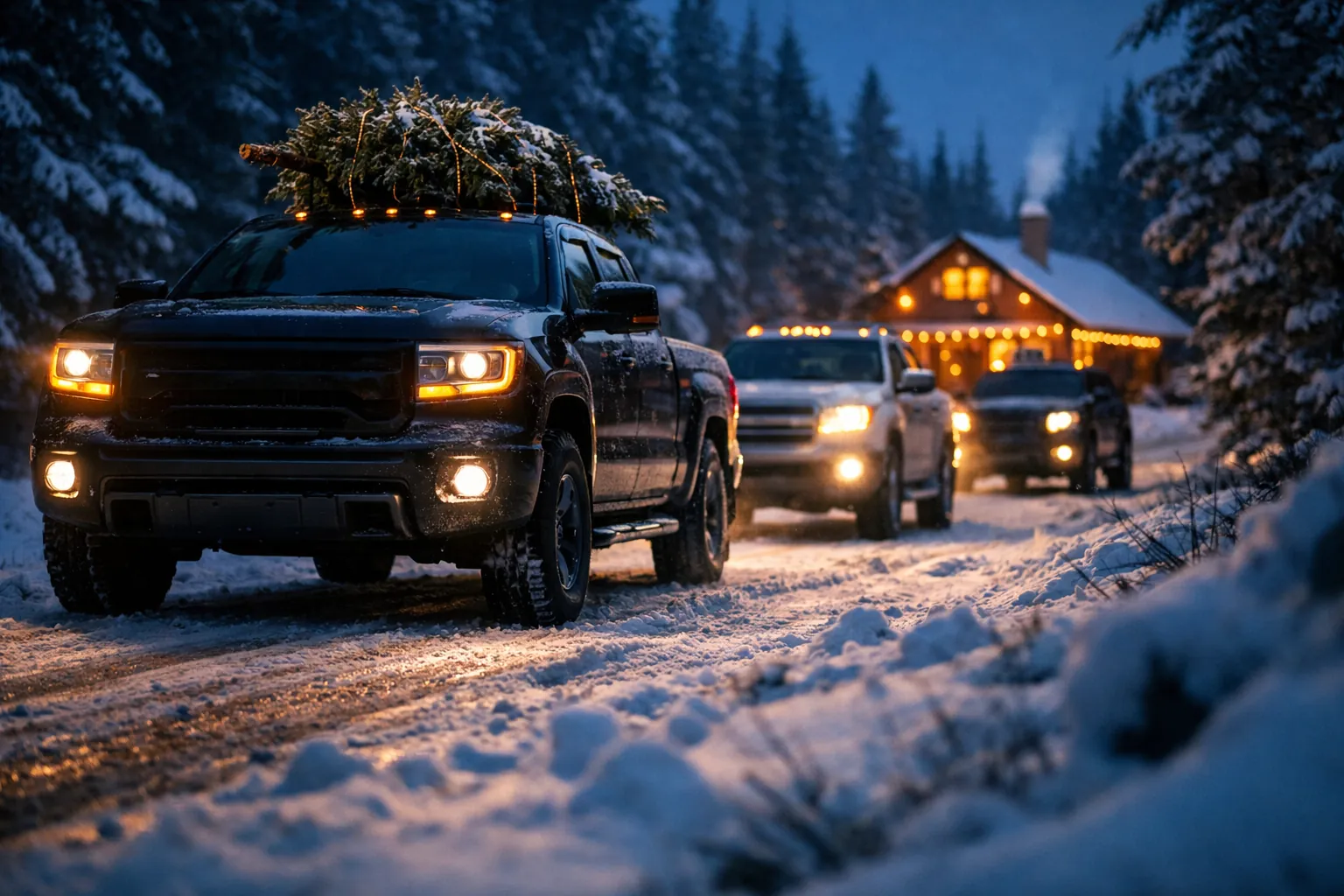 Three pickup trucks with headlights on driving a snowy forest road at dusk past a lit holiday cabin, a Christmas tree strapped to the lead truck