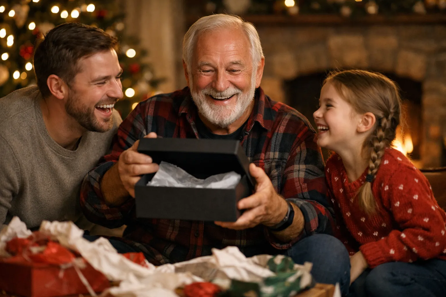 A grandfather by a Christmas tree grinning as he holds up an opened gift box, his son and granddaughter laughing beside him