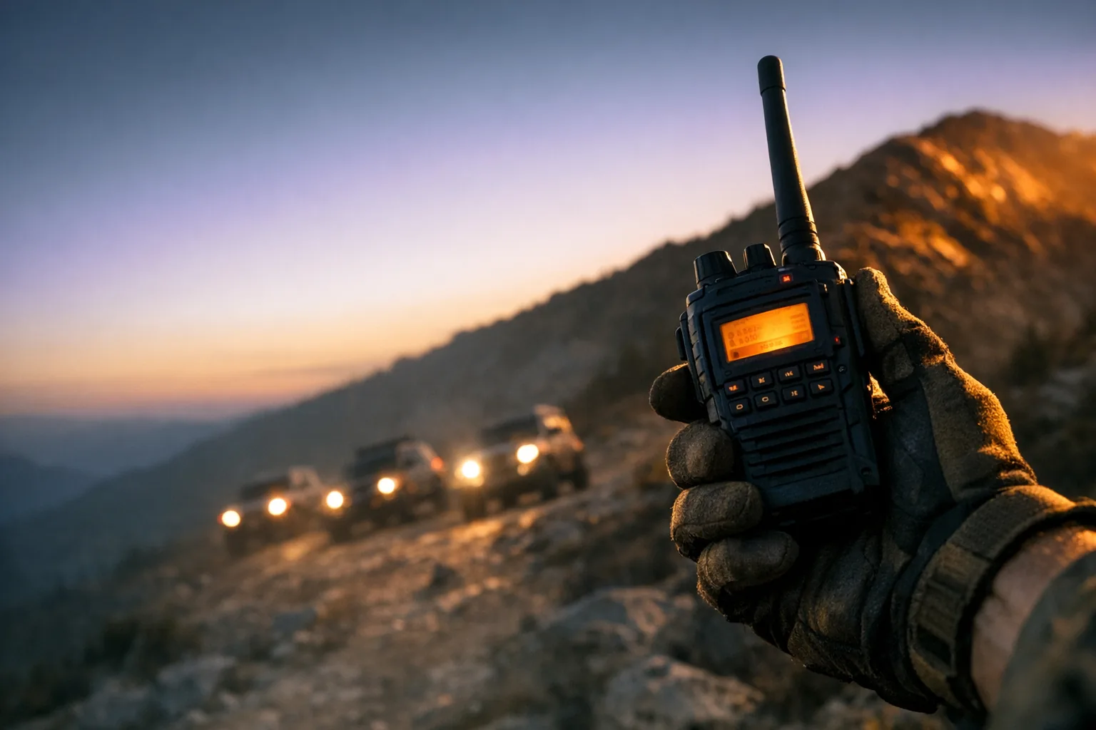 A gloved hand holding a handheld radio with a glowing amber screen as a convoy of off-road vehicles climbs a mountain trail at dusk